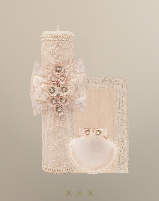 Set de vela bautizo beige / rosa 04-490