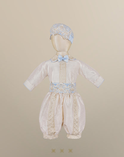 Ropón de bautizo estilo príncipe beige y azul 05-044