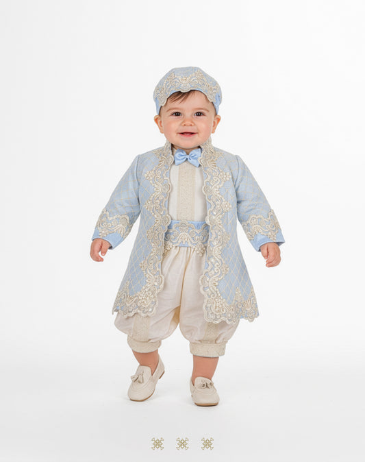 Ropón de bautizo estilo príncipe beige y azul 05-044