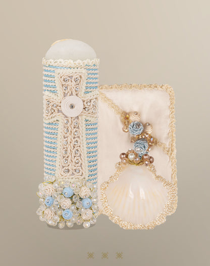 Set de vela bautizo con baúl hueso 05-058