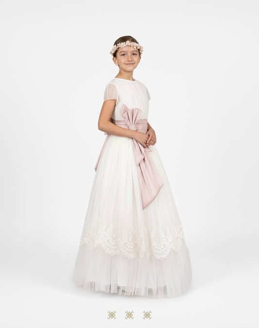 Vestido de Primera comunión hueso/palo de rosa 29-057