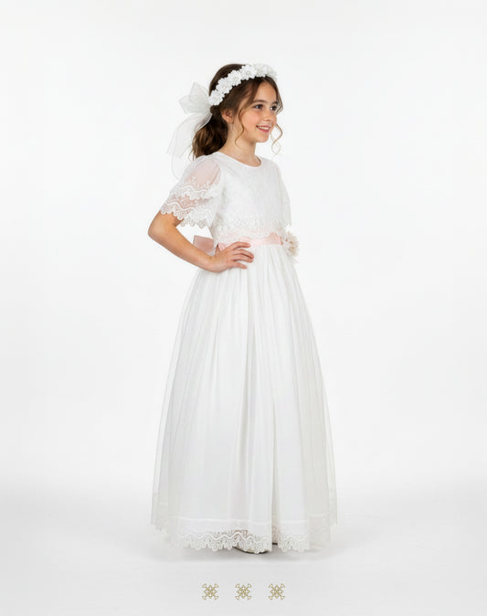 Vestido juvenil hueso / rosa C3-013