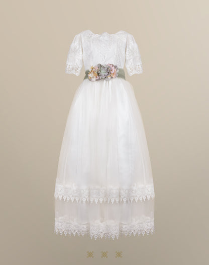 Vestido juvenil hueso / verde C3-014