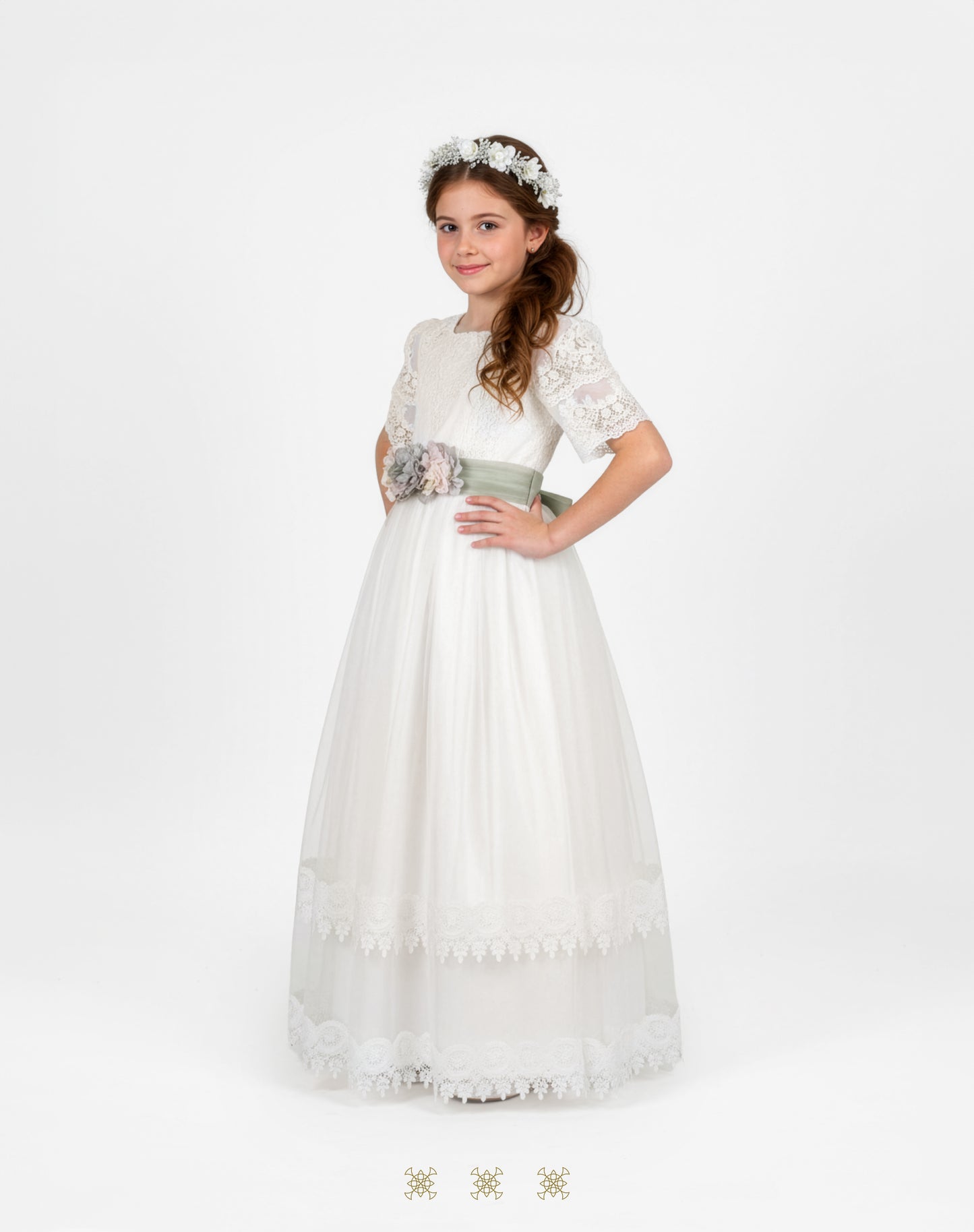 Vestido juvenil hueso / verde C3-014