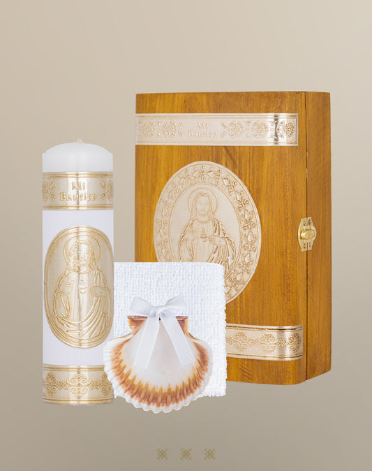 Set de vela bautizo con cofre dorado C7-005